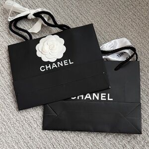 Chanel Black Shopping Bag with White Flower Accent Paper Gift Bags Bundle